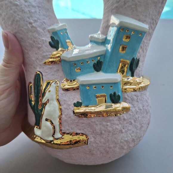 VINTAGE INDIAN WEDDING PITCHER POTTERY VASE HOWLING COYOTE HAND PAINTED - Picture 5 of 7